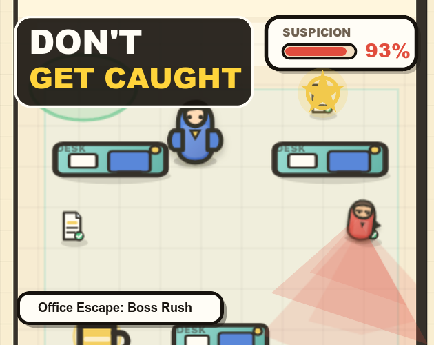 Office Escape cover showing boss vision and a suspicion meter.